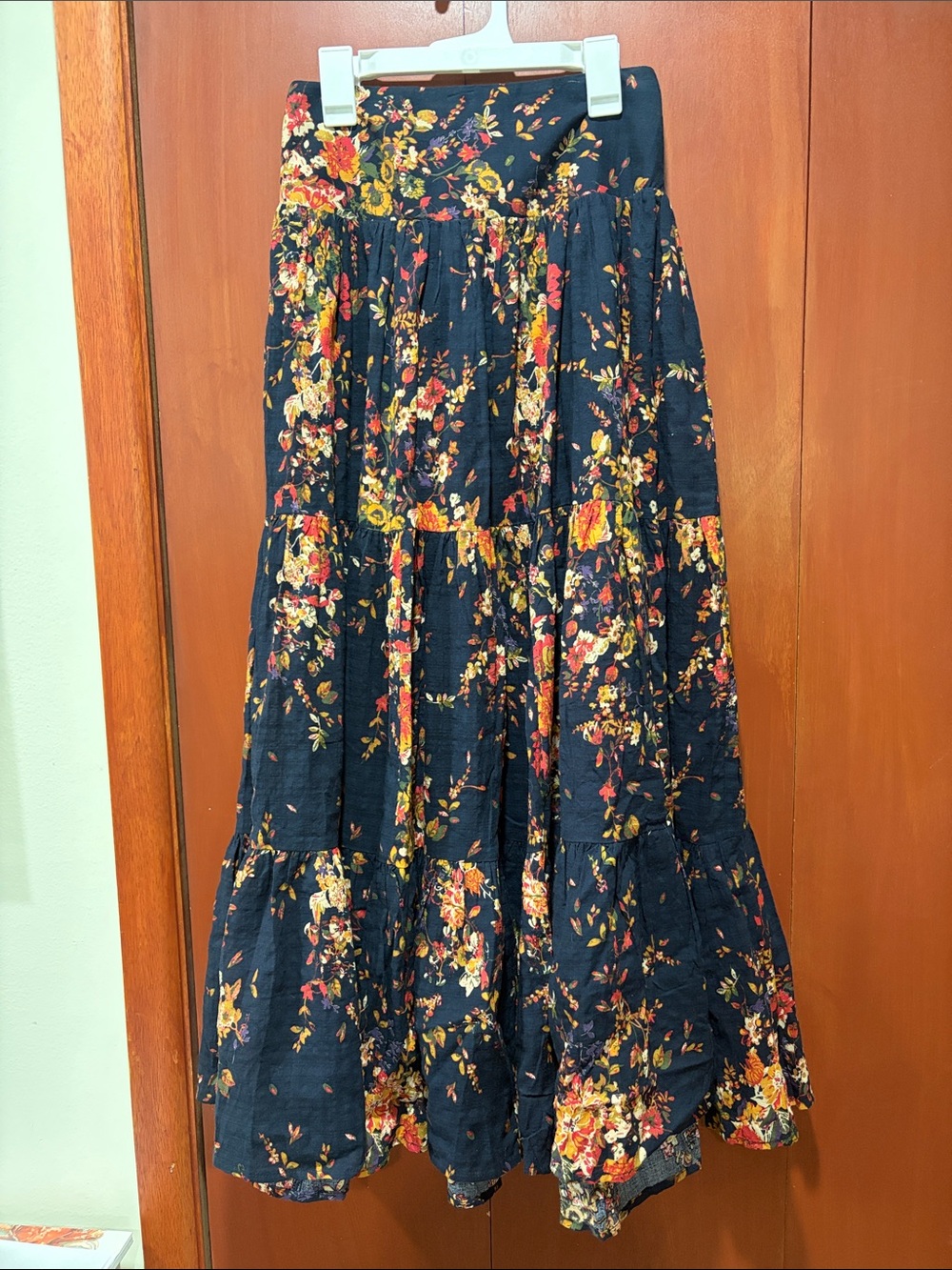 NATURAL LIFE Hanna Navy Floral Tiered Maxi Skirt with Warm Bouquet Print